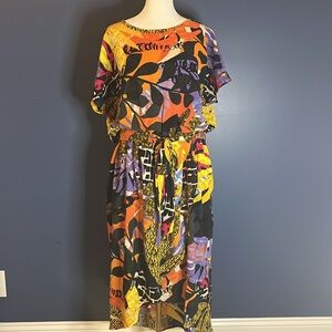 Loralette dress wrap skirt shorter in front, belted, boat neck, wild print 14-16